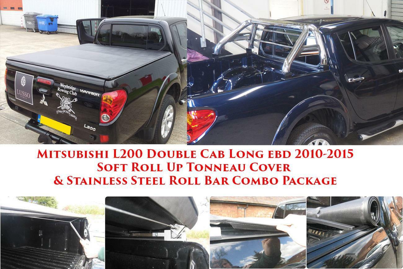Mitsubishi L200 10 - 15 D/C Long Bed Soft Roll Up Cover and Roll Bar Combo - Matt Black - Eagle 4x4