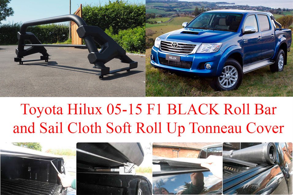 Soft Roll Up Tonneau and F1 BLACK Roll Bar for Toyota Hilux - Matt Black - Eagle 4x4