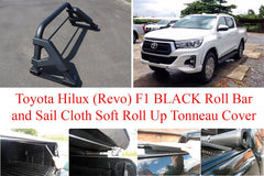 Soft Roll Up Tonneau and F1 BLACK Roll Bar for Toyota Hilux (Revo) - Matt Black - Eagle 4x4