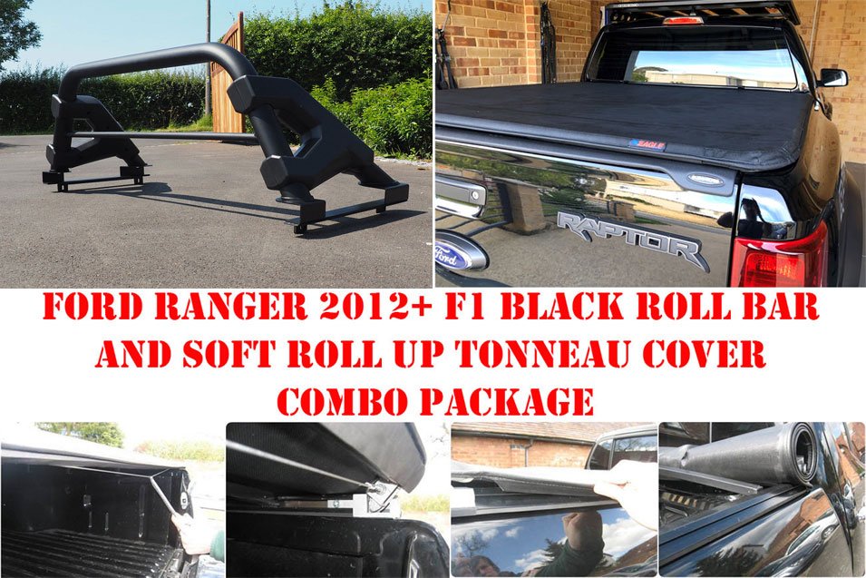Soft Roll Up Tonneau Cover & BLACK F1 Roll bar for Ford Ranger T6 - Matt Black - Eagle 4x4