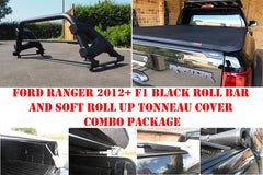 Soft Roll Up Tonneau Cover & BLACK F1 Roll bar for Ford Ranger T6 - Matt Black - Eagle 4x4